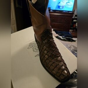 Men's Western Genuine Leather Pirarucu Fish Print Cowboy Square Toe Rodeo Boots